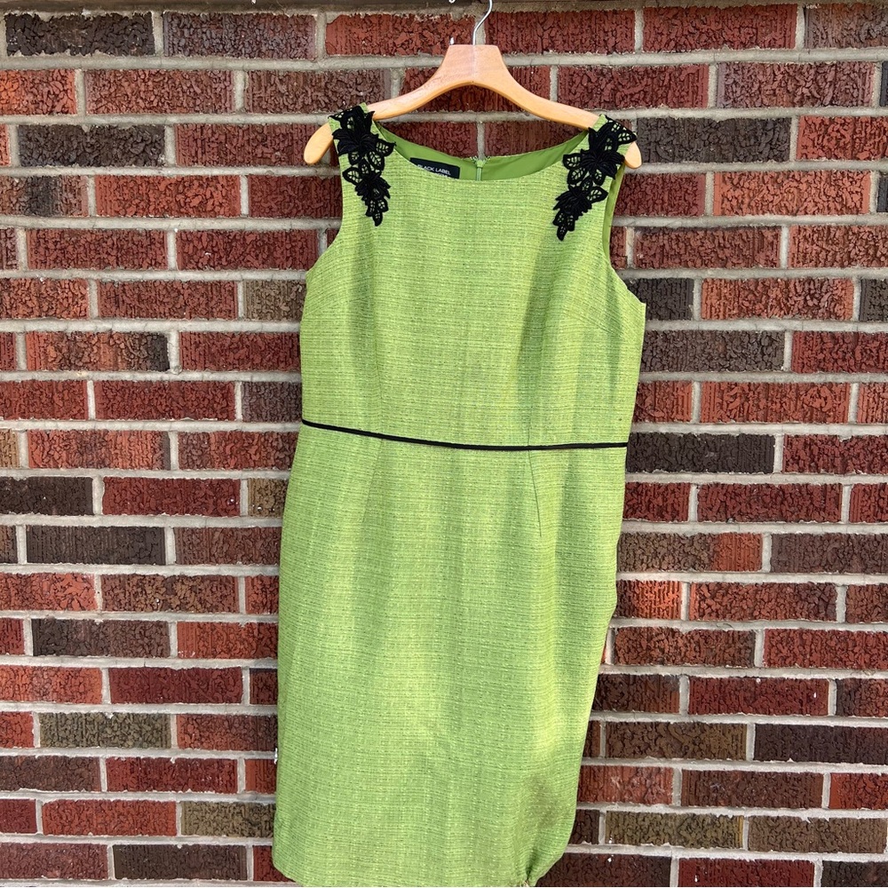 Black Label Evan Picone Bright Green and Black Embroidered Pencil Dress